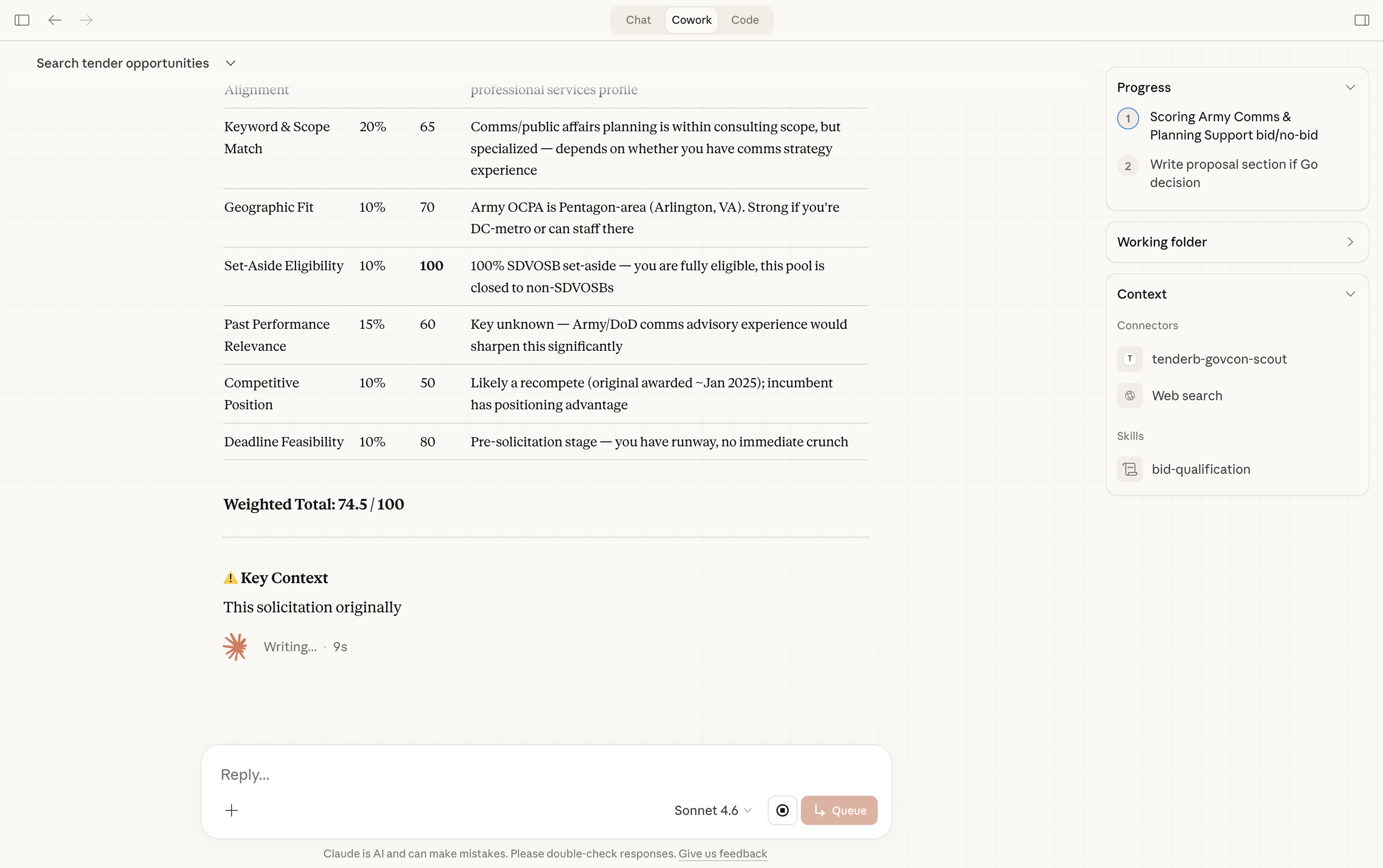 Weighted bid/no-bid scoring across 6 criteria