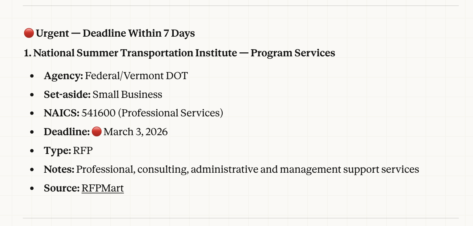 Live opportunity search results with urgency indicators